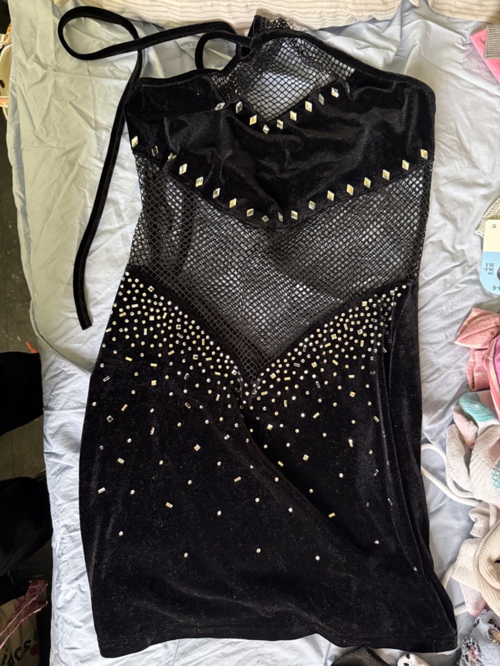 SHEIN Black One-Shoulder Studded Velvet Mini Dress